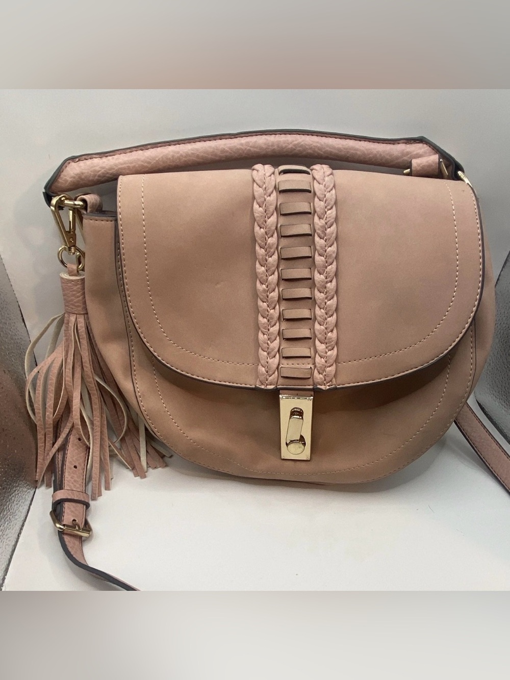 Just fab Leather Crescent Pink Crossbody Bag with Tassel